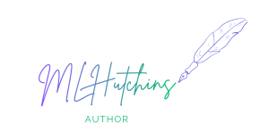 Logo featuring the name 'ML Hutchins' in cursive text with a quill pen illustration, labeled 'AUTHOR'.